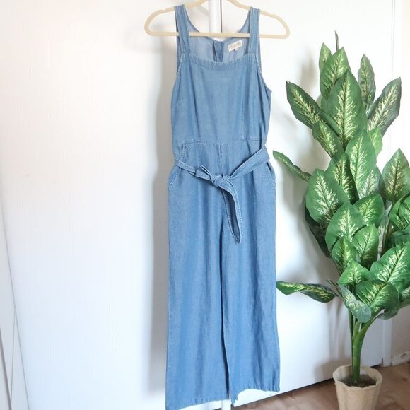 Madewell Blue Cotton Linen Chambray Muralist Wide Leg Jumpsuit with Belt Size 0 - Picture 8 of 16